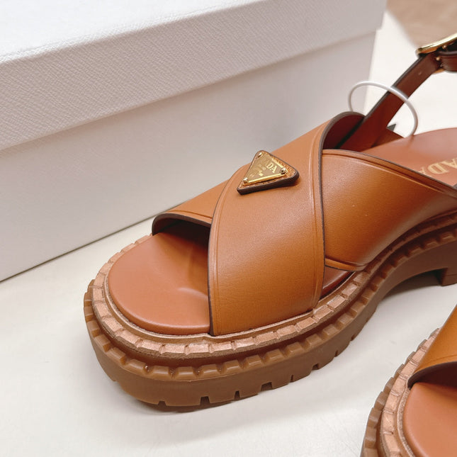 PRADA 25S SANDALS IN LIGHT TAN CALFSKIN LOGO GOLD HARDWARE