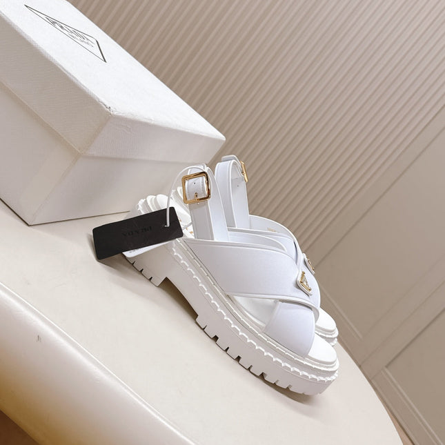 PRADA 25S SANDALS IN WHITE CALFSKIN LOGO GOLD HARDWARE