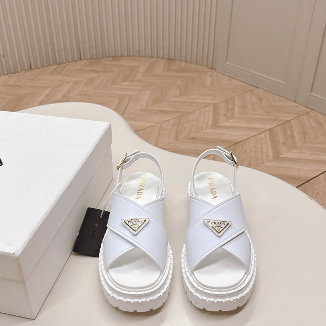 PRADA 25S SANDALS IN WHITE CALFSKIN LOGO GOLD HARDWARE