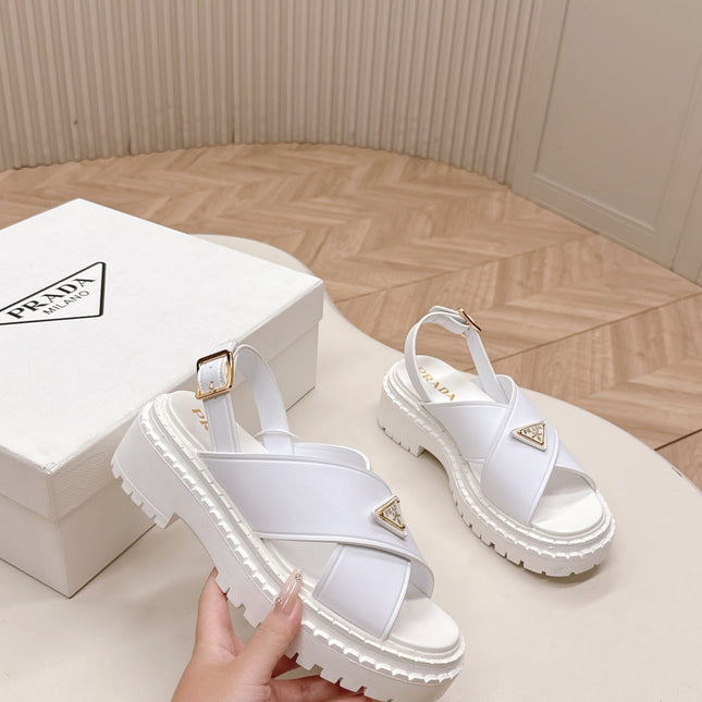 PRADA 25S SANDALS IN WHITE CALFSKIN LOGO GOLD HARDWARE