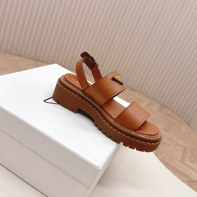 PRADA 25S SANDALS IN LIGHT TAN CALFSKIN LOGO