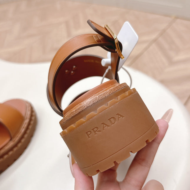 PRADA 25S SANDALS IN LIGHT TAN CALFSKIN LOGO