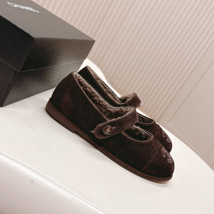 CHANEL FLAT MARY JANE SHOES 25S IN DARK BROWN VELVET