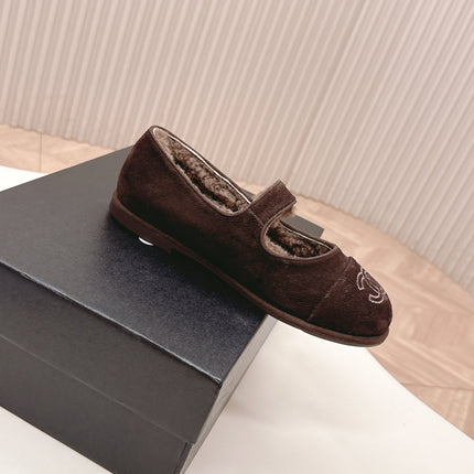 CHANEL FLAT MARY JANE SHOES 25S IN DARK BROWN VELVET