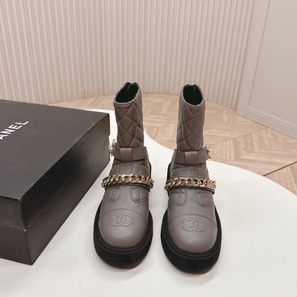 CHANEL ANKLE BOOTS 25S IN SMOKY GREY LAMBSKIN EMBOSSED LOGO WITH GOLD HARDWARE