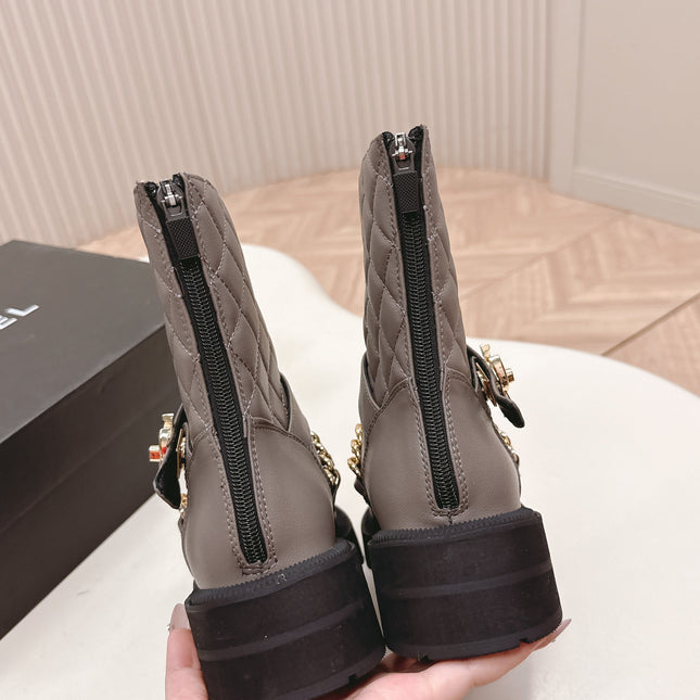 CHANEL ANKLE BOOTS 25S IN SMOKY GREY LAMBSKIN EMBOSSED LOGO WITH GOLD HARDWARE