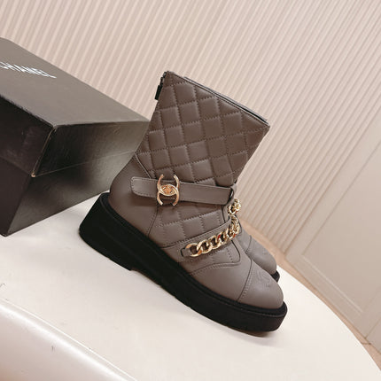 CHANEL ANKLE BOOTS 25S IN SMOKY GREY LAMBSKIN EMBOSSED LOGO WITH GOLD HARDWARE