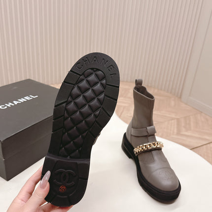 CHANEL ANKLE BOOTS 25S IN SMOKY GREY LAMBSKIN EMBOSSED LOGO WITH GOLD HARDWARE