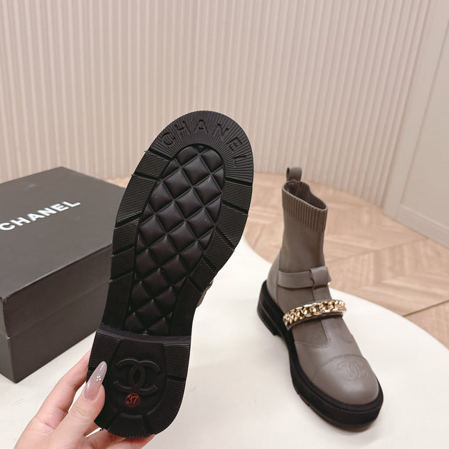 CHANEL ANKLE BOOTS 25S IN SMOKY GREY LAMBSKIN EMBOSSED LOGO WITH GOLD HARDWARE