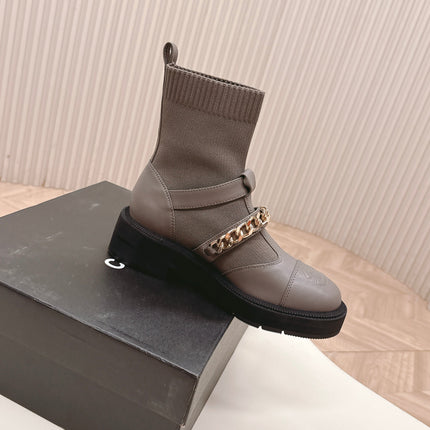 CHANEL ANKLE BOOTS 25S IN SMOKY GREY LAMBSKIN EMBOSSED LOGO WITH GOLD HARDWARE