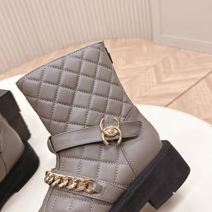 CHANEL ANKLE BOOTS 25S IN SMOKY GREY LAMBSKIN EMBOSSED LOGO WITH GOLD HARDWARE