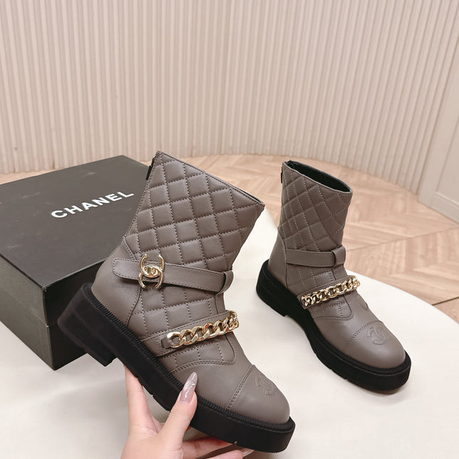 CHANEL ANKLE BOOTS 25S IN SMOKY GREY LAMBSKIN EMBOSSED LOGO WITH GOLD HARDWARE