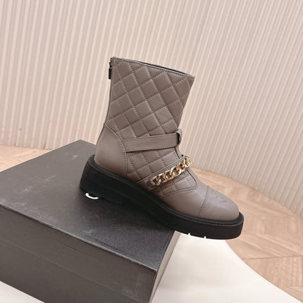 CHANEL ANKLE BOOTS 25S IN SMOKY GREY LAMBSKIN EMBOSSED LOGO WITH GOLD HARDWARE