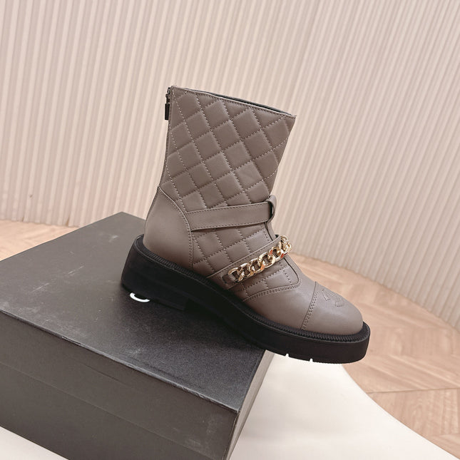 CHANEL ANKLE BOOTS 25S IN SMOKY GREY LAMBSKIN EMBOSSED LOGO WITH GOLD HARDWARE