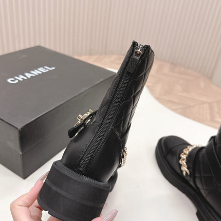 CHANEL ANKLE BOOTS 25S IN BLACK LAMBSKIN EMBOSSED LOGO WITH GOLD HARDWARE