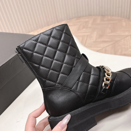 CHANEL ANKLE BOOTS 25S IN BLACK LAMBSKIN EMBOSSED LOGO WITH GOLD HARDWARE