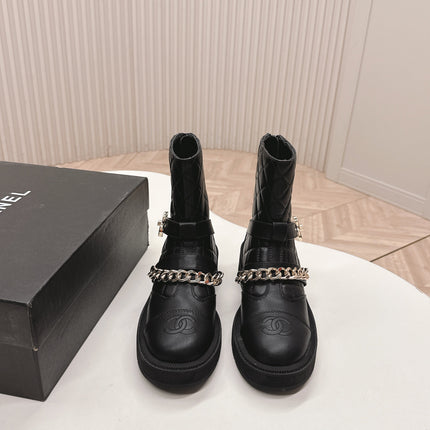 CHANEL ANKLE BOOTS 25S IN BLACK LAMBSKIN EMBOSSED LOGO WITH GOLD HARDWARE
