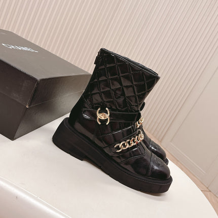 CHANEL ANKLE BOOTS 25S IN BLACK SHINY LAMBSKIN WITH GOLD HARDWARE