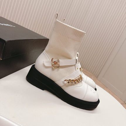 CHANEL ANKLE BOOTS 25S IN CREAM WHITE LAMBSKIN AND FABRIC WITH GOLD HARDWARE
