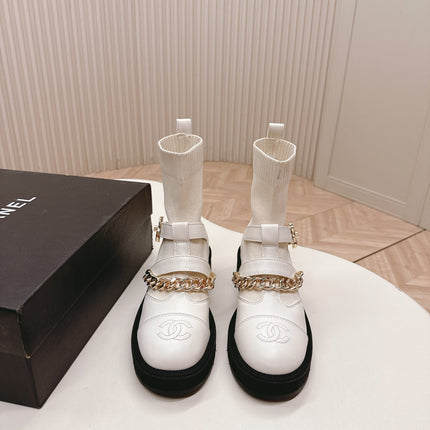 CHANEL ANKLE BOOTS 25S IN CREAM WHITE LAMBSKIN AND FABRIC WITH GOLD HARDWARE