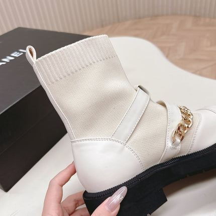 CHANEL ANKLE BOOTS 25S IN CREAM WHITE LAMBSKIN AND FABRIC WITH GOLD HARDWARE