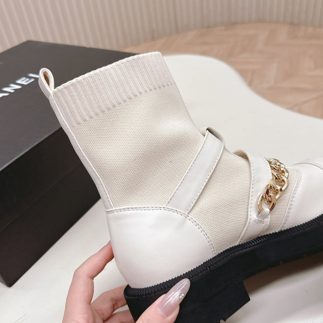 CHANEL ANKLE BOOTS 25S IN CREAM WHITE LAMBSKIN AND FABRIC WITH GOLD HARDWARE