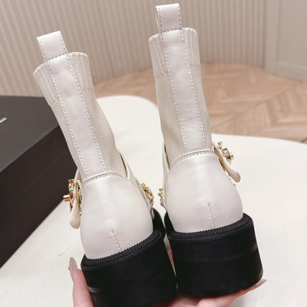 CHANEL ANKLE BOOTS 25S IN CREAM WHITE LAMBSKIN AND FABRIC WITH GOLD HARDWARE