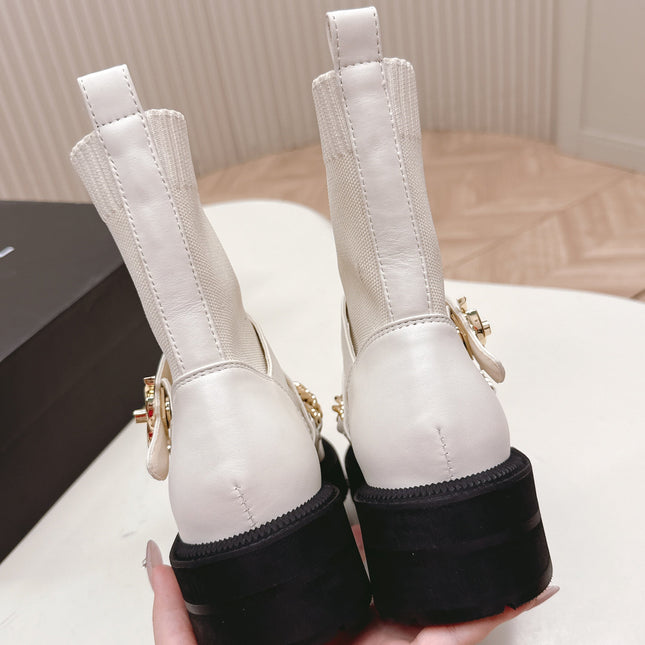 CHANEL ANKLE BOOTS 25S IN CREAM WHITE LAMBSKIN AND FABRIC WITH GOLD HARDWARE