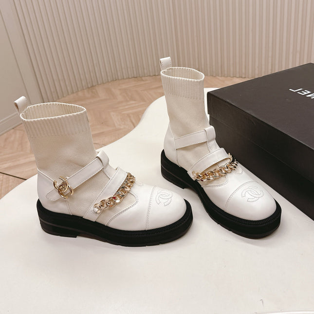 CHANEL ANKLE BOOTS 25S IN CREAM WHITE LAMBSKIN AND FABRIC WITH GOLD HARDWARE