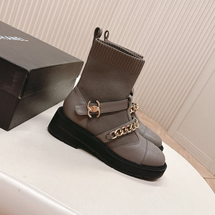 CHANEL ANKLE BOOTS 25S IN SMOKY GRAY LAMBSKIN AND FABRIC WITH GOLD HARDWARE