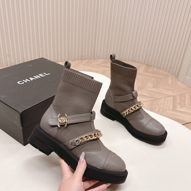 CHANEL ANKLE BOOTS 25S IN SMOKY GRAY LAMBSKIN AND FABRIC WITH GOLD HARDWARE