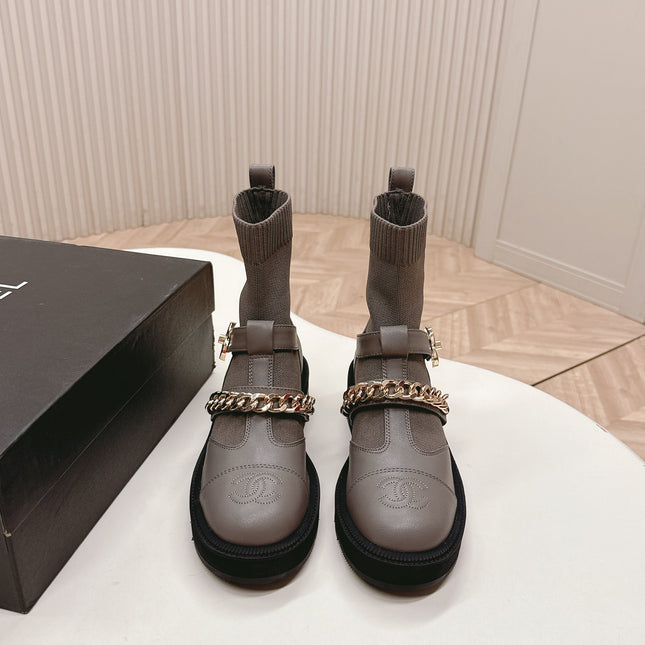 CHANEL ANKLE BOOTS 25S IN SMOKY GRAY LAMBSKIN AND FABRIC WITH GOLD HARDWARE