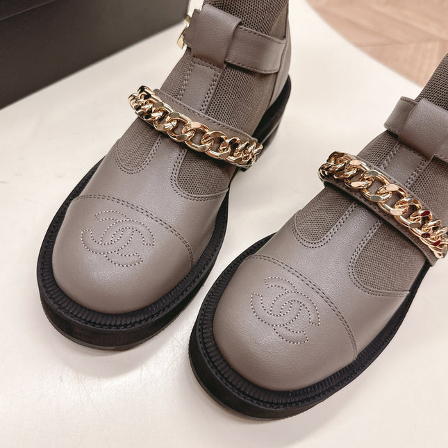 CHANEL ANKLE BOOTS 25S IN SMOKY GRAY LAMBSKIN AND FABRIC WITH GOLD HARDWARE
