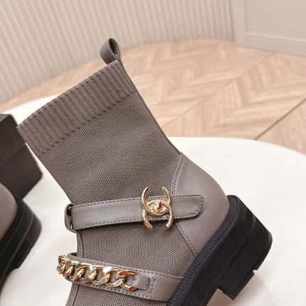 CHANEL ANKLE BOOTS 25S IN SMOKY GRAY LAMBSKIN AND FABRIC WITH GOLD HARDWARE