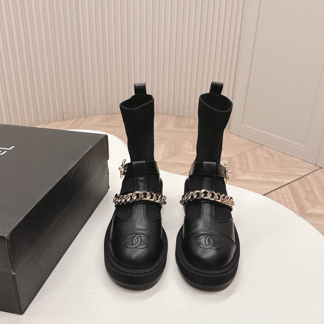 CHANEL ANKLE BOOTS 25S IN BLACK LAMBSKIN AND FABRIC WITH GOLD HARDWARE