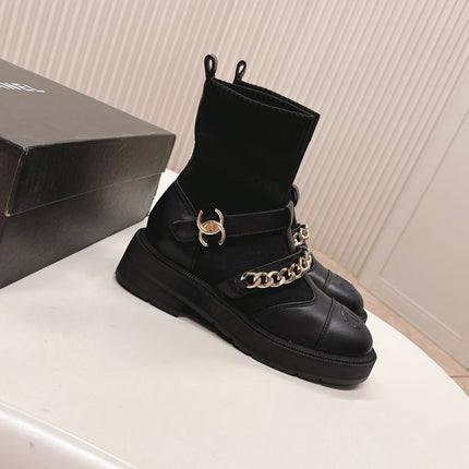 CHANEL ANKLE BOOTS 25S IN BLACK LAMBSKIN AND FABRIC WITH GOLD HARDWARE