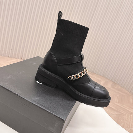 CHANEL ANKLE BOOTS 25S IN BLACK LAMBSKIN AND FABRIC WITH GOLD HARDWARE