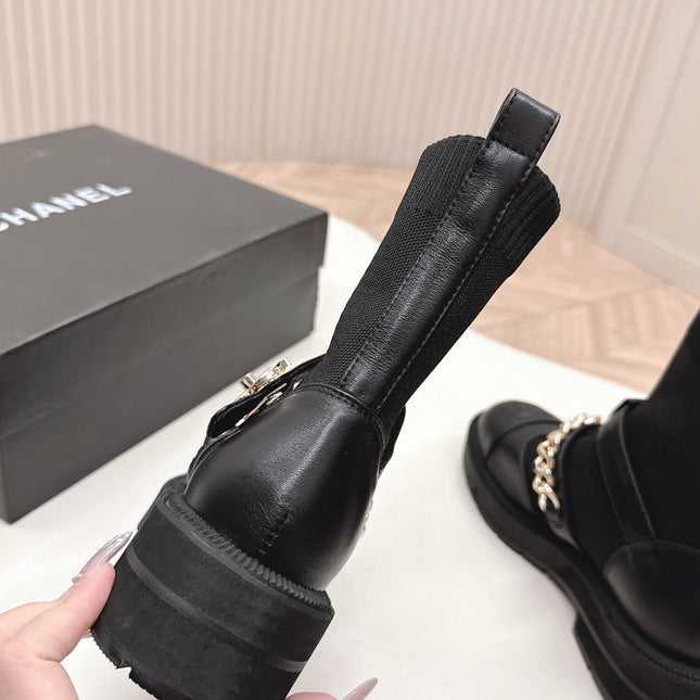 CHANEL ANKLE BOOTS 25S IN BLACK LAMBSKIN AND FABRIC WITH GOLD HARDWARE