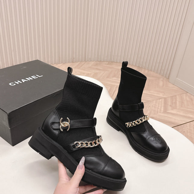 CHANEL ANKLE BOOTS 25S IN BLACK LAMBSKIN AND FABRIC WITH GOLD HARDWARE