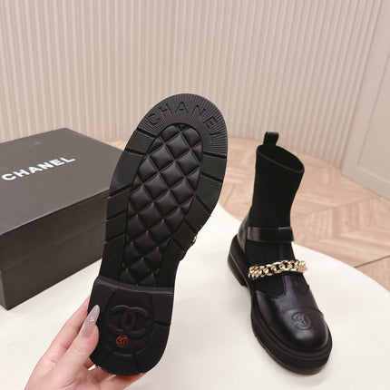 CHANEL ANKLE BOOTS 25S IN BLACK LAMBSKIN AND FABRIC WITH GOLD HARDWARE