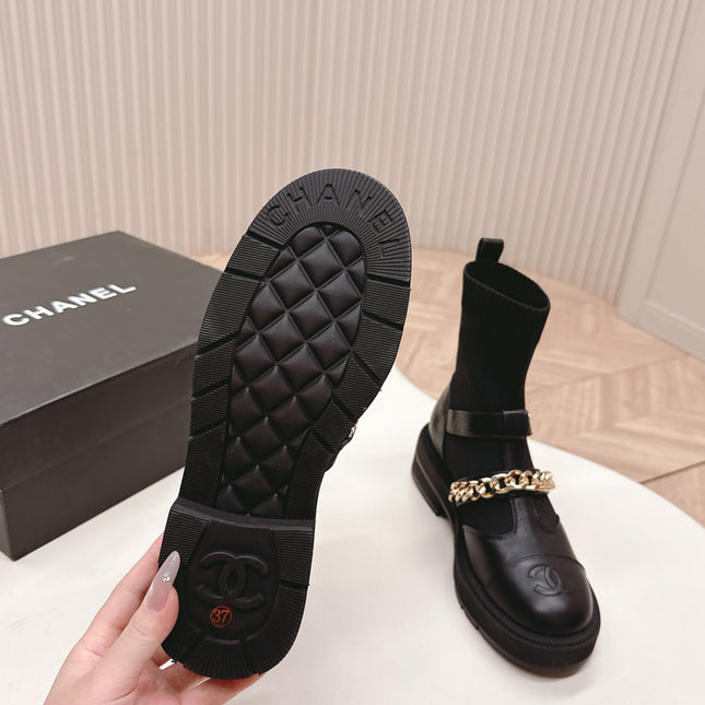 CHANEL ANKLE BOOTS 25S IN BLACK LAMBSKIN AND FABRIC WITH GOLD HARDWARE