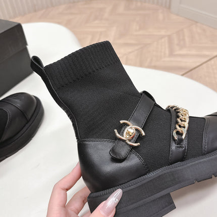 CHANEL ANKLE BOOTS 25S IN BLACK LAMBSKIN AND FABRIC WITH GOLD HARDWARE