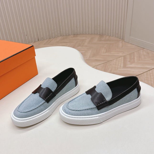 HM 25S SLIP-ON IN BLUE DENIM AND BLACK LAMBSKIN