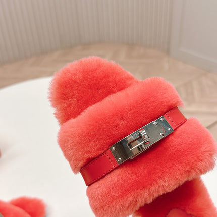 HM 25S ORAN SANDAL IN RED ORANGE SHEARLING WITH SILVER HARDWARE