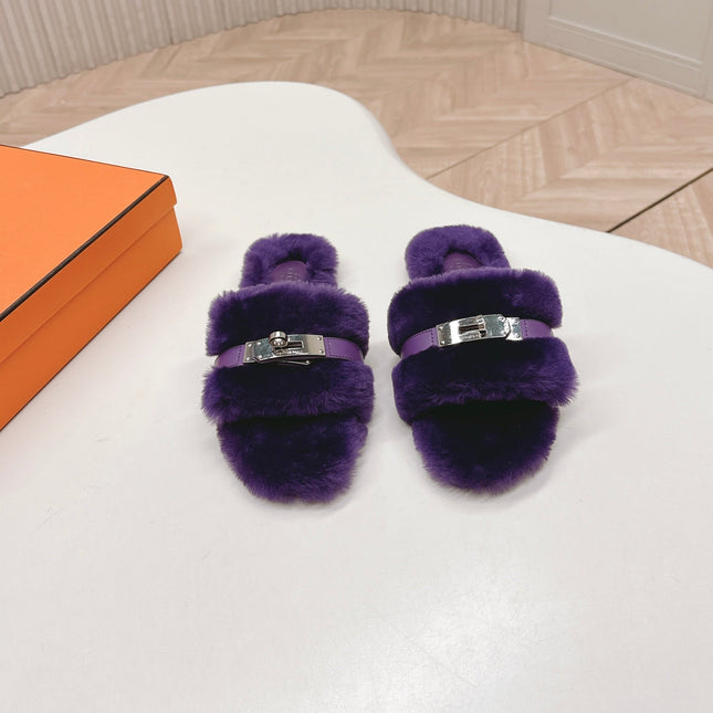 HM 25S ORAN SANDAL IN DARK PURPLE SHEARLING WITH SILVER HARDWARE