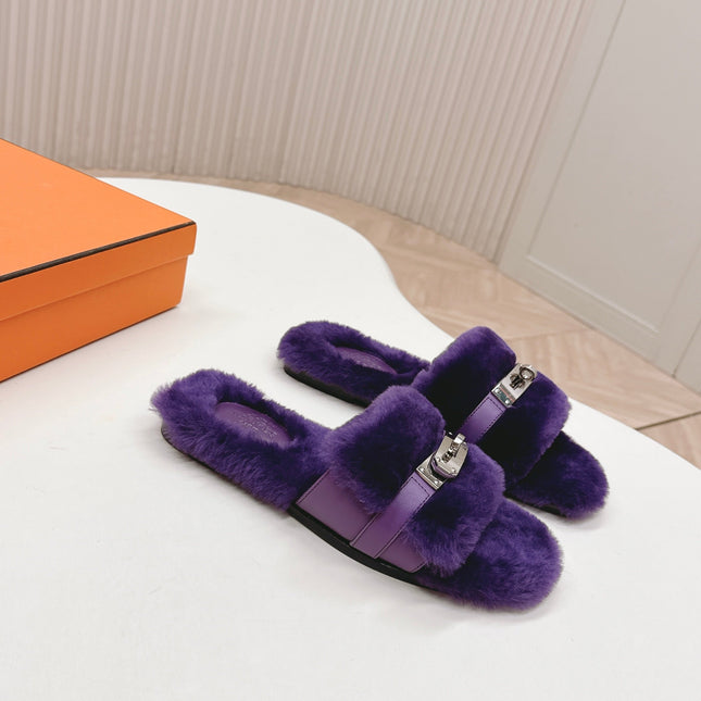 HM 25S ORAN SANDAL IN DARK PURPLE SHEARLING WITH SILVER HARDWARE