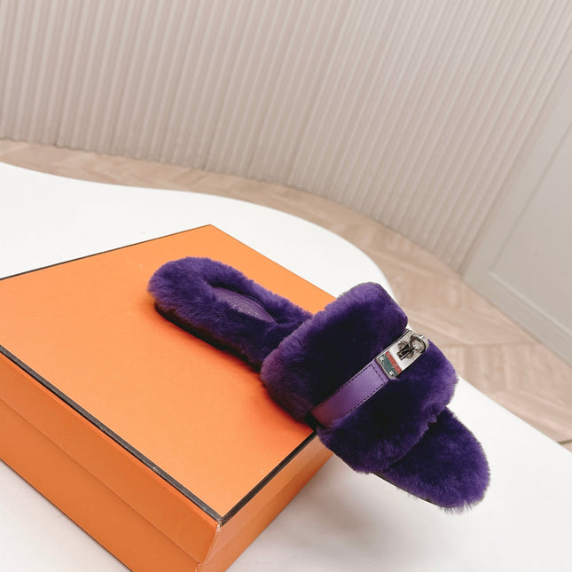 HM 25S ORAN SANDAL IN DARK PURPLE SHEARLING WITH SILVER HARDWARE