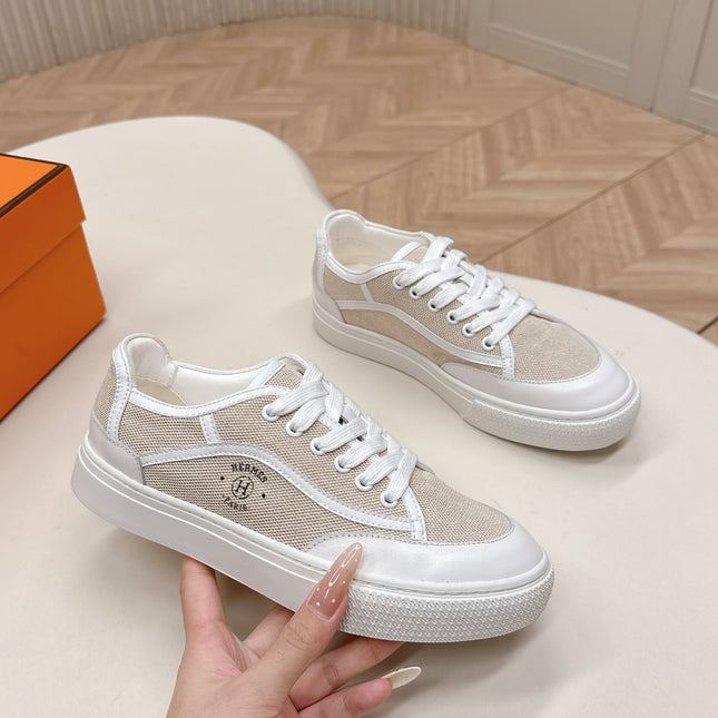 HM 25S SNEAKER LOW SPORTS IN BEIGE CANVAS MIX WHITE LAMBSKIN
