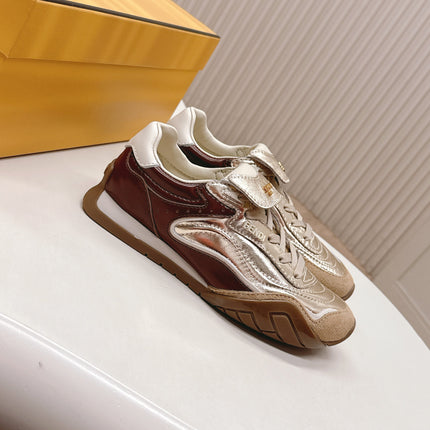 FENDI 25S CORTEZ RETRO SNEAKERS IN SOFT GOLD MIX BROWN LAMBSKIN