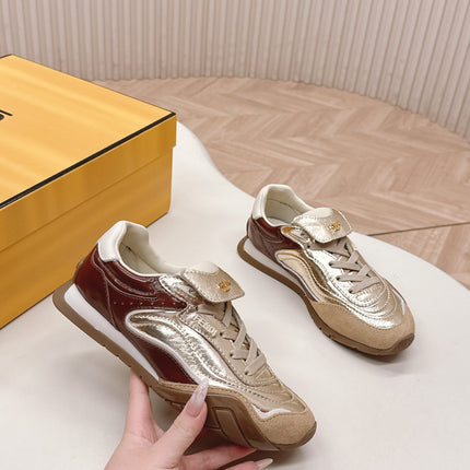 FENDI 25S CORTEZ RETRO SNEAKERS IN SOFT GOLD MIX BROWN LAMBSKIN